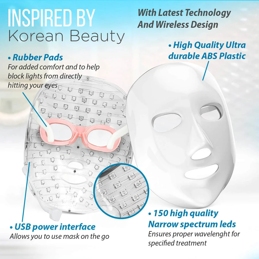 Dermishine Pro 7 Color Wireless LED Face Mask with Neck Attachment | Photon Red Light For Healthy Skin Rejuvenation Therapy | Collagen, Anti Aging, Wrinkles | Korean Skin Care, Facial Skin Care Mask