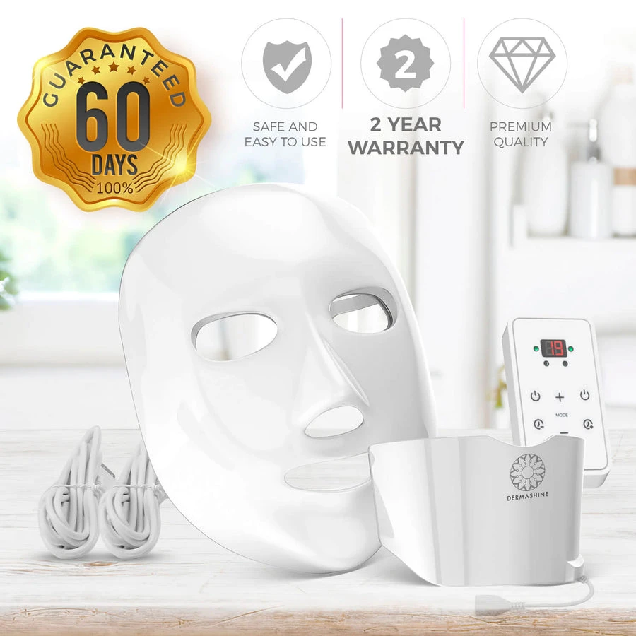 Dermishine Pro 7 Color Wireless LED Face Mask with Neck Attachment | Photon Red Light For Healthy Skin Rejuvenation Therapy | Collagen, Anti Aging, Wrinkles | Korean Skin Care, Facial Skin Care Mask